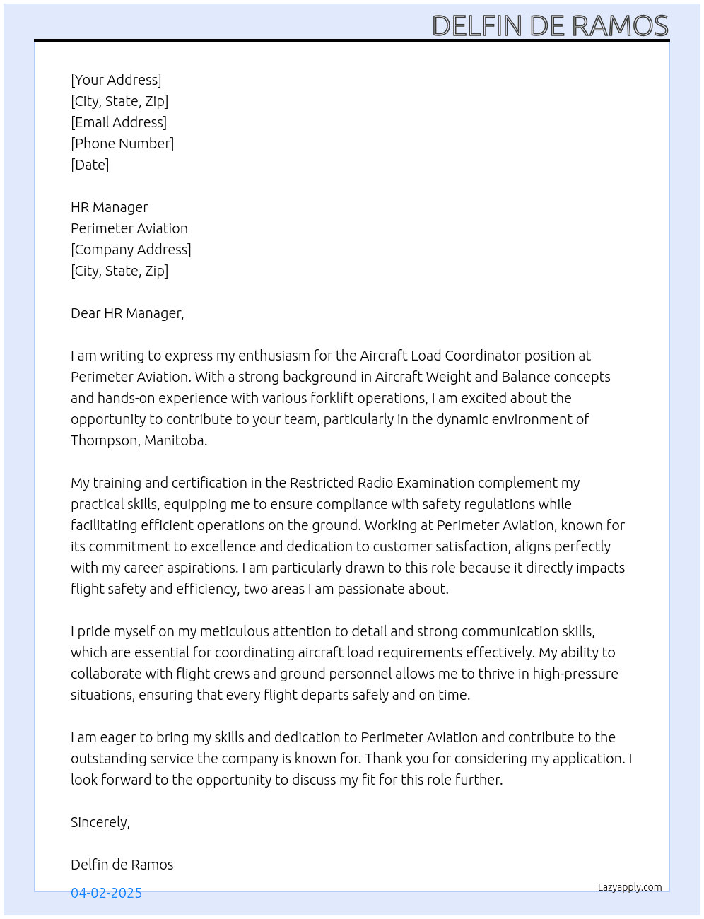 Cover letter for aircraft load coordinator - LazyApply