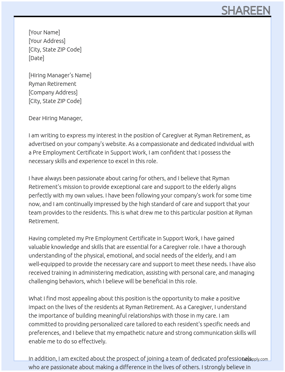 Caregiver At Ryman Retirement Cover Letter