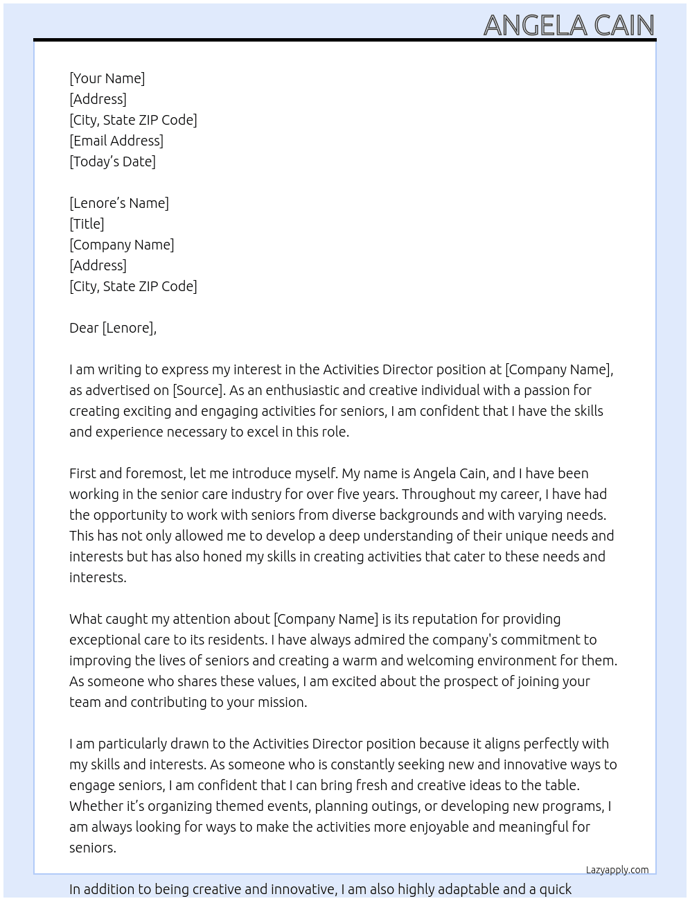 Activities Director At Seniors home Cover Letter