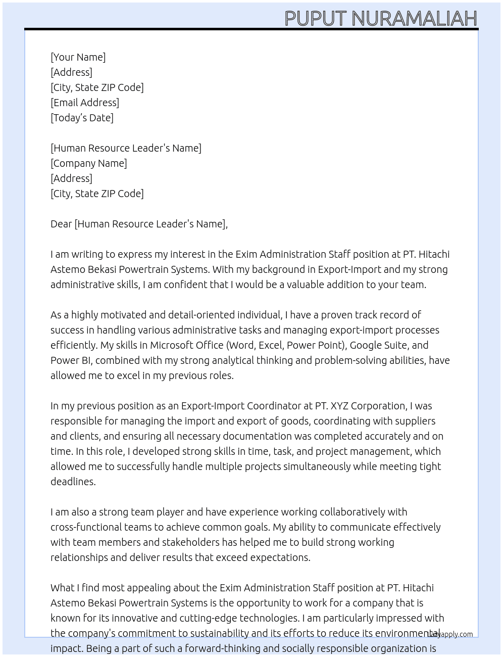 Exim Administration Staff  At PT. Hitachi Astemo Bekasi Powertrain Systems Cover Letter
