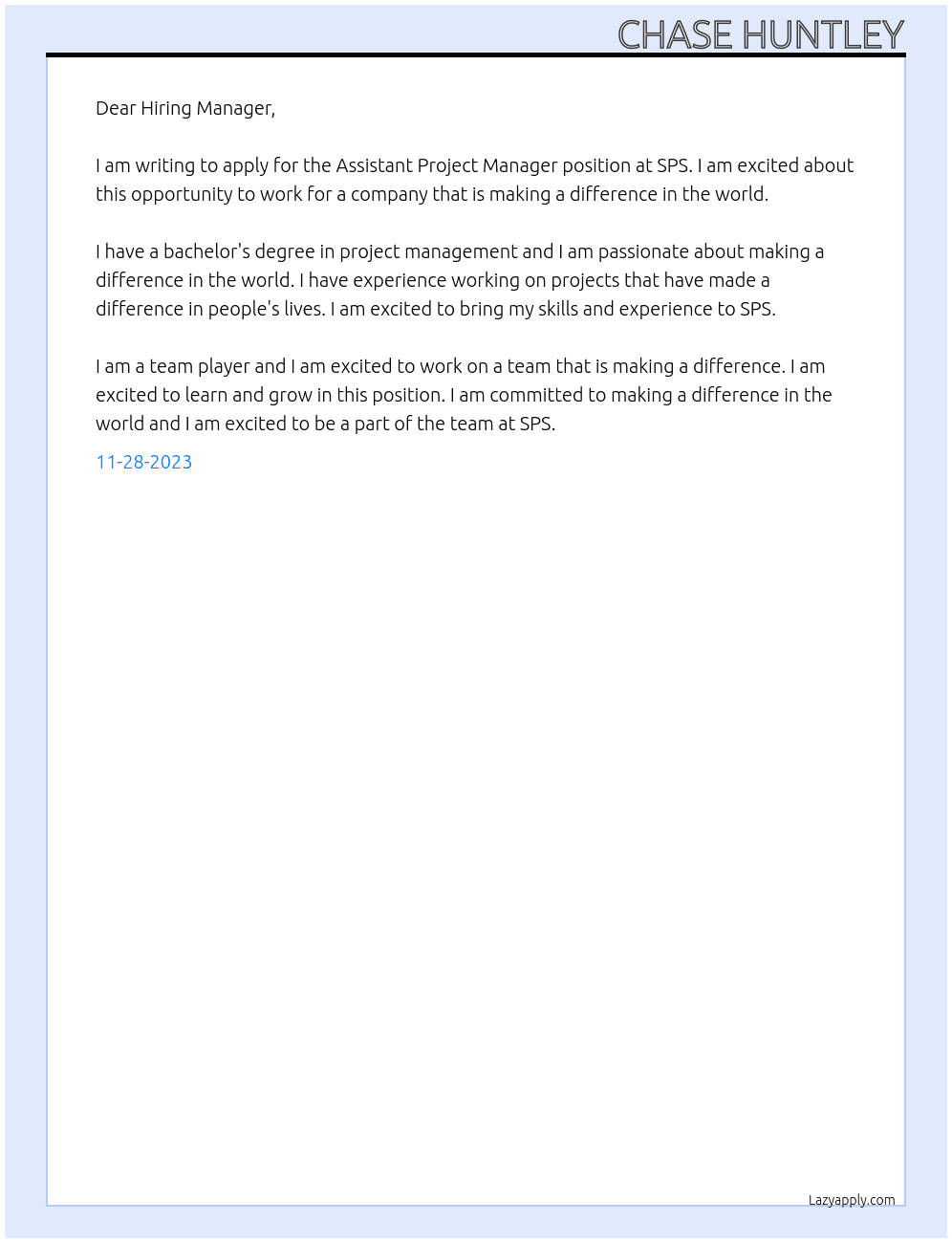 Assistant Project Manager  At SPS Cover Letter