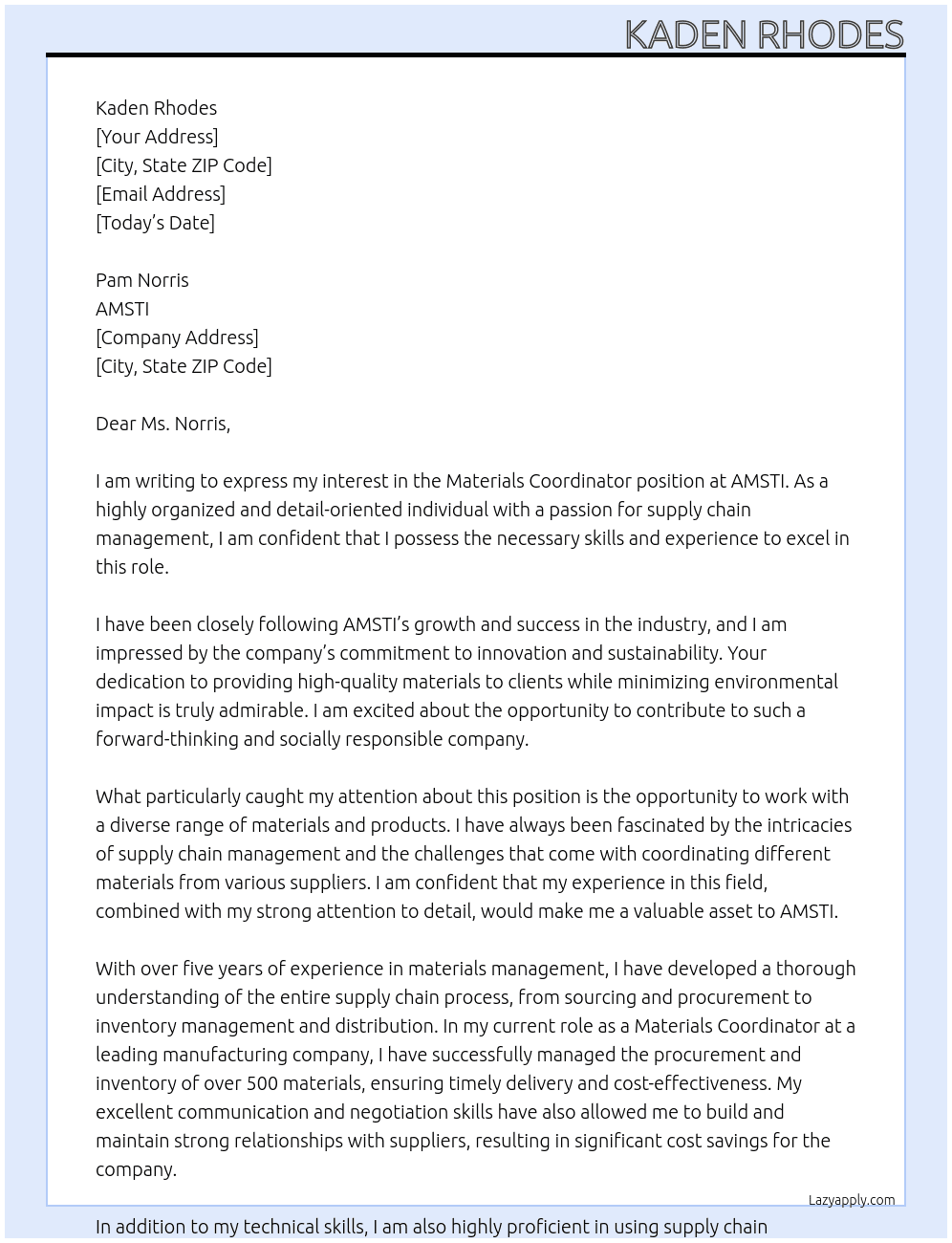 Materials Coordinator  At AMSTI Cover Letter