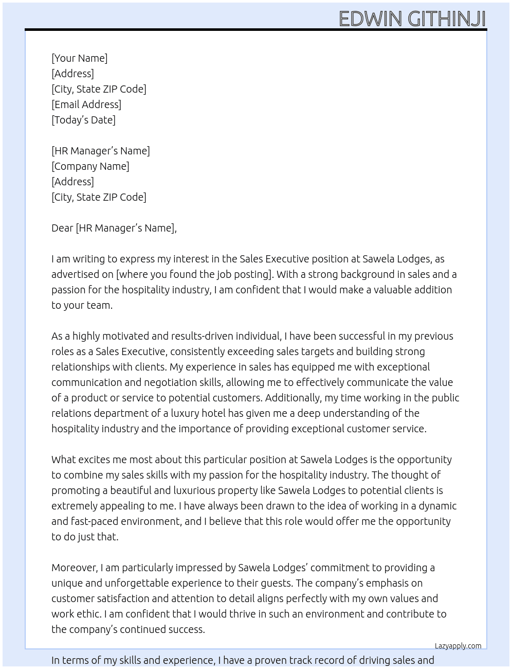 Sales Executive At Sawela Lodges Cover Letter