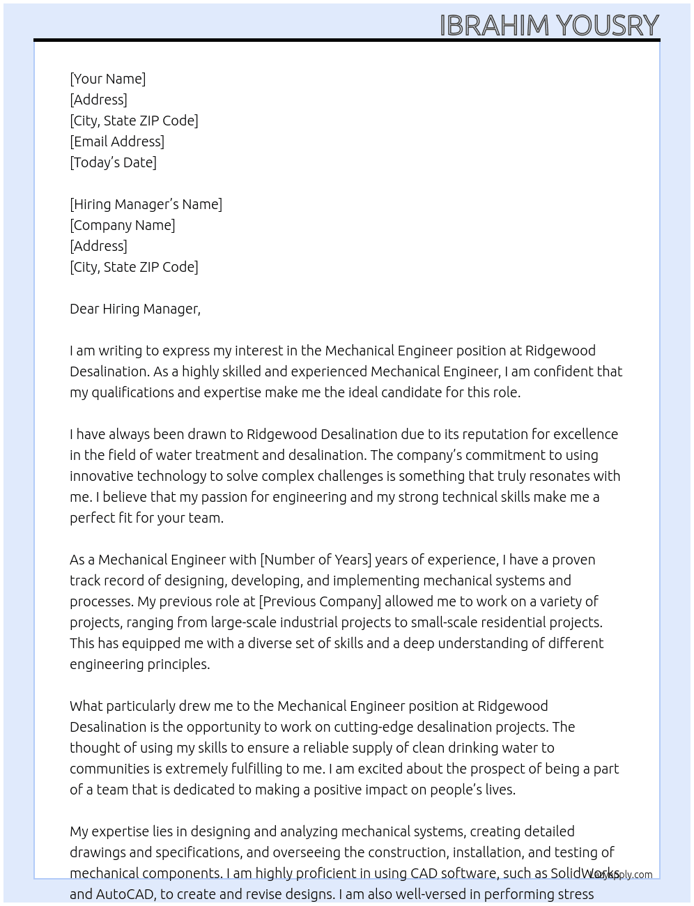Mechanical Engineer At Ridgewood desalination Cover Letter
