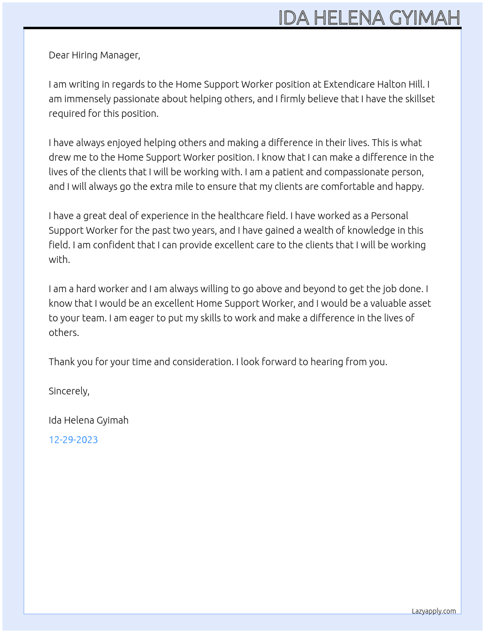 Home Support Worker At Extendicare Halton Hill Cover Letter