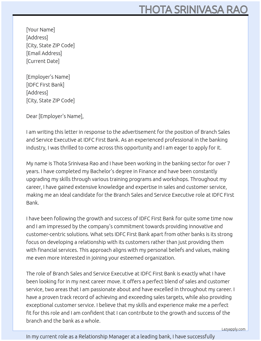 Branch sales and service executive At IDFC first bank  Cover Letter