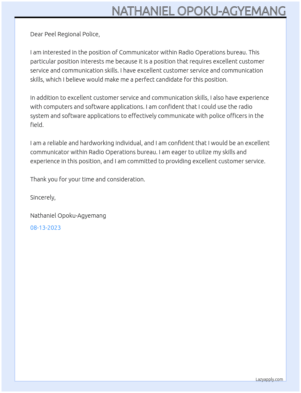 Communicator within Radio Operations bureau At Peel Regional Police Cover Letter