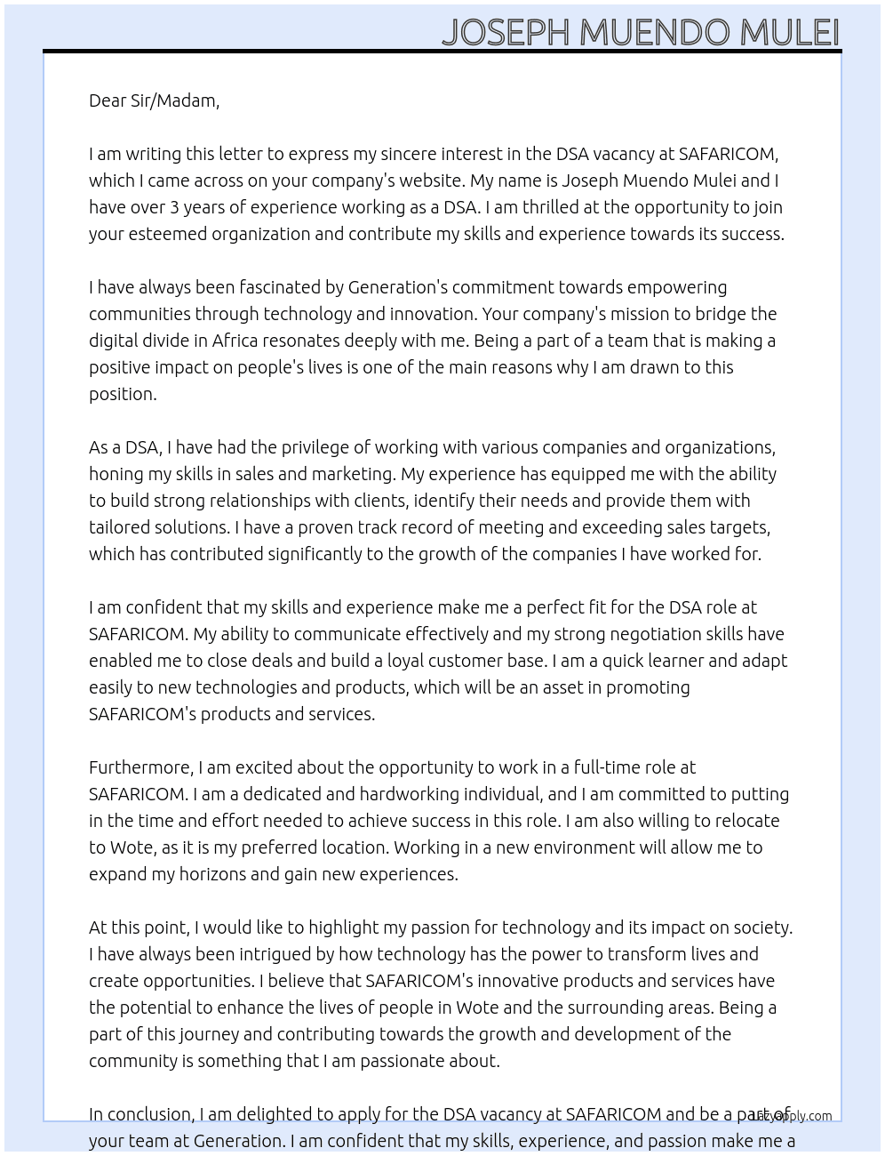 SAFARICOM DSA  At Generation  Cover Letter