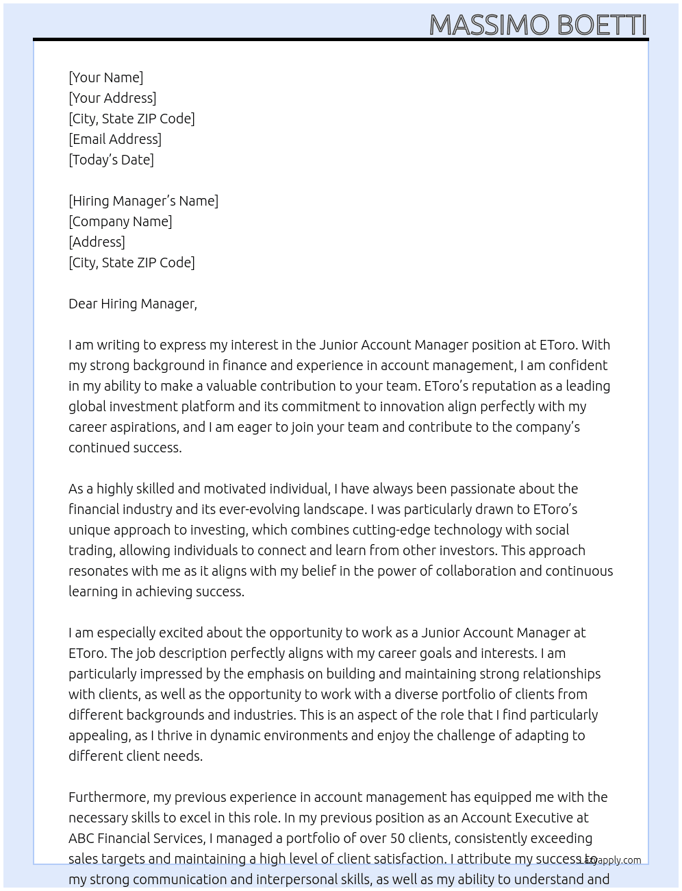 Junior Account Manager At EToro Cover Letter