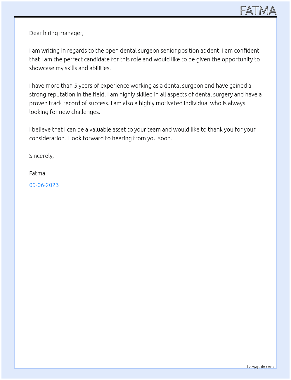 dental surgeon senior At dent Cover Letter