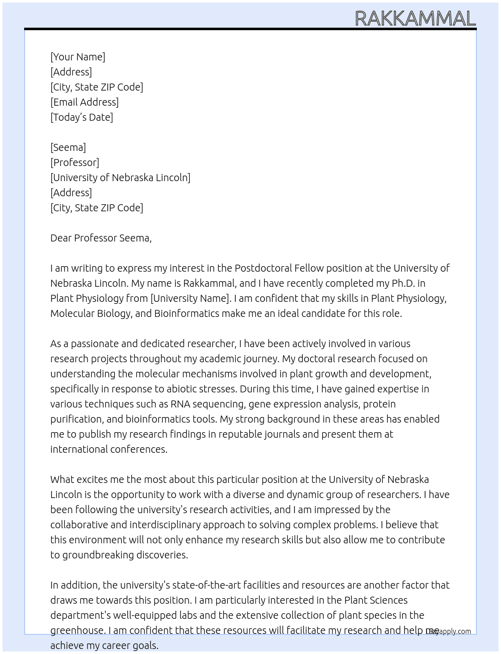 Postdoctoral Fellow At University of Nebraska Lincoln Cover Letter