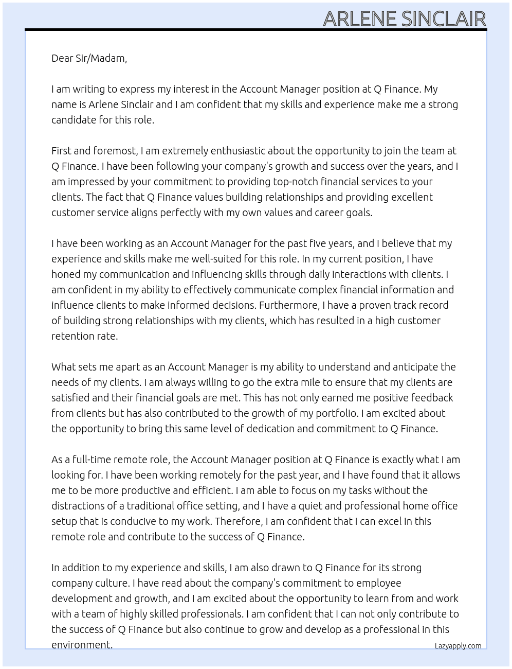 Account Manager At Q Finance Cover Letter