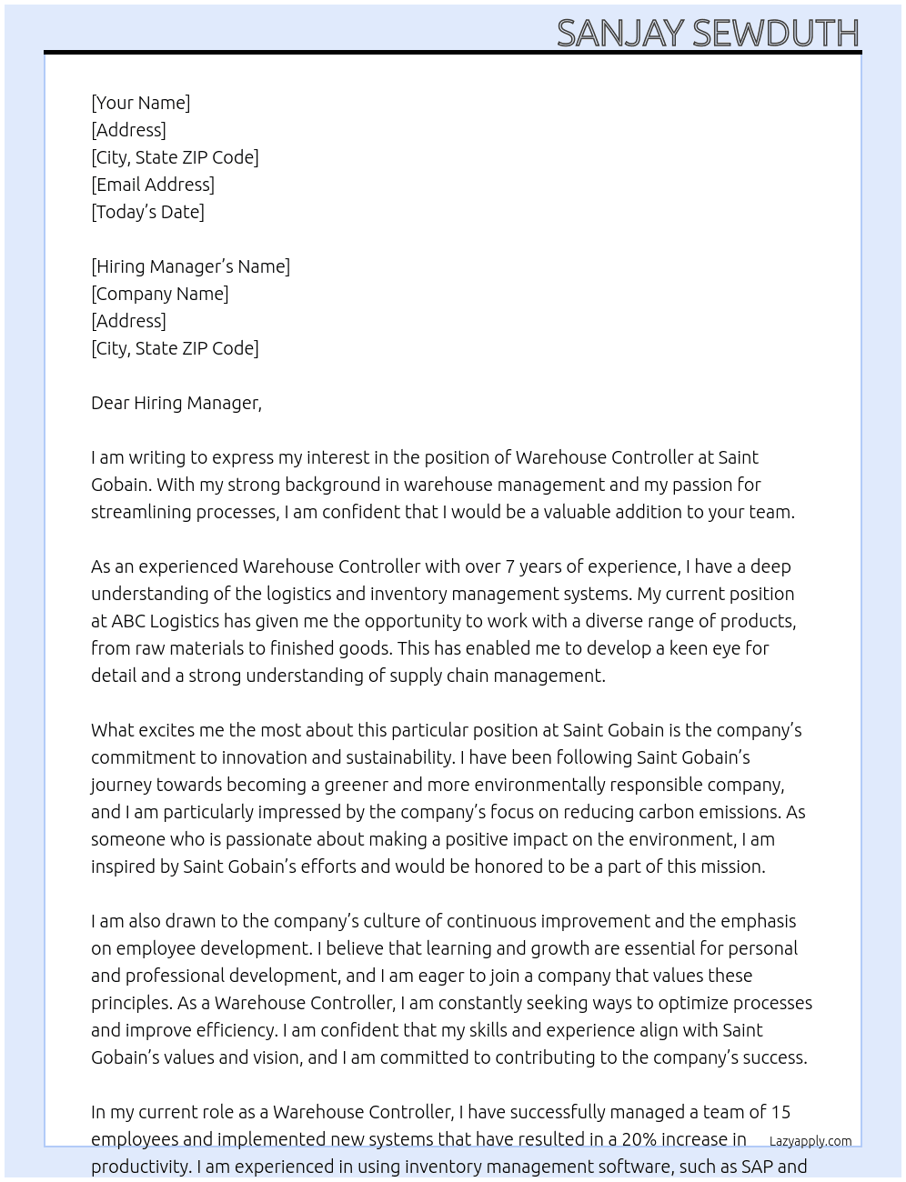 Warehouse controller  At Saint Gobain Cover Letter
