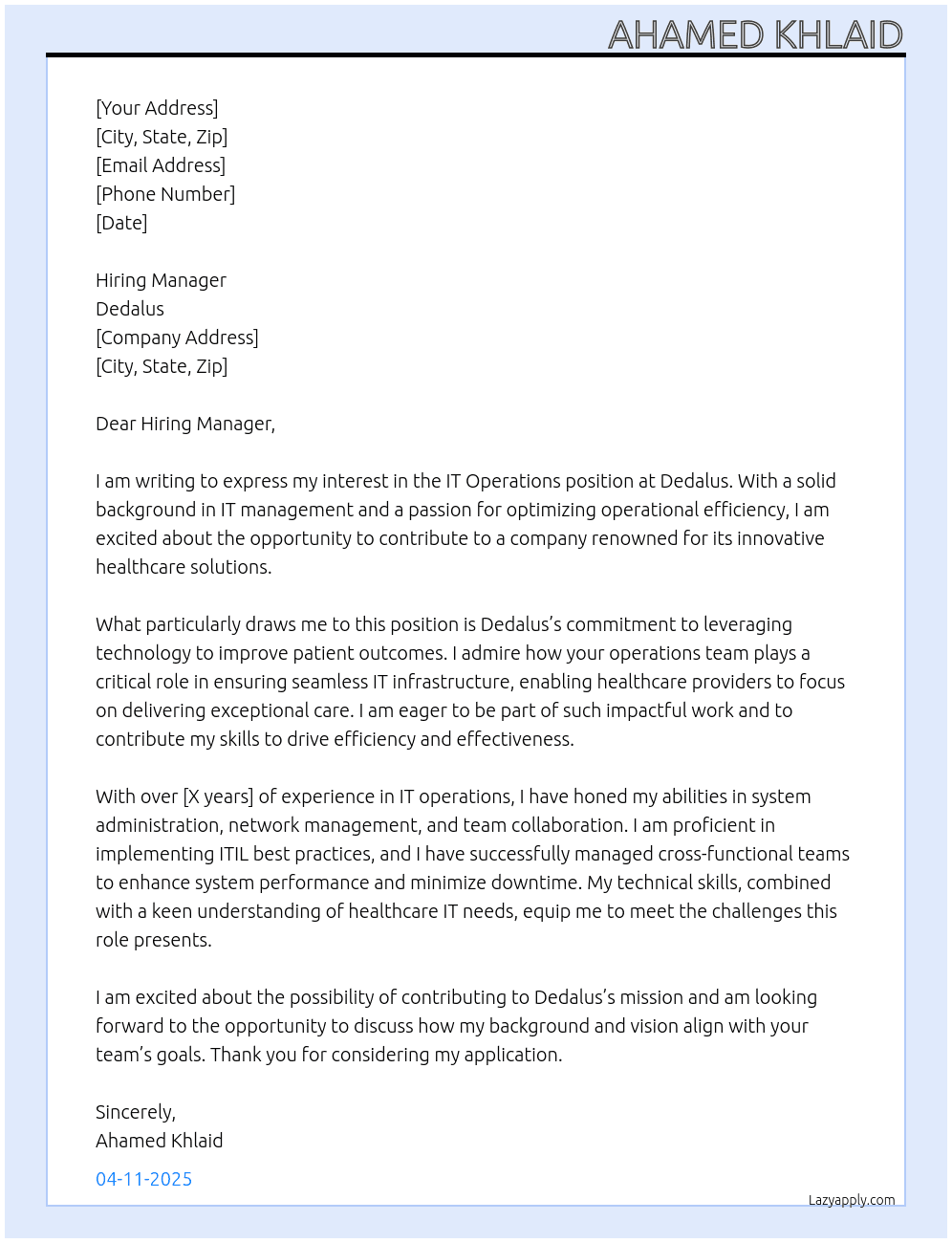 IT Operations At Dedalus Cover Letter