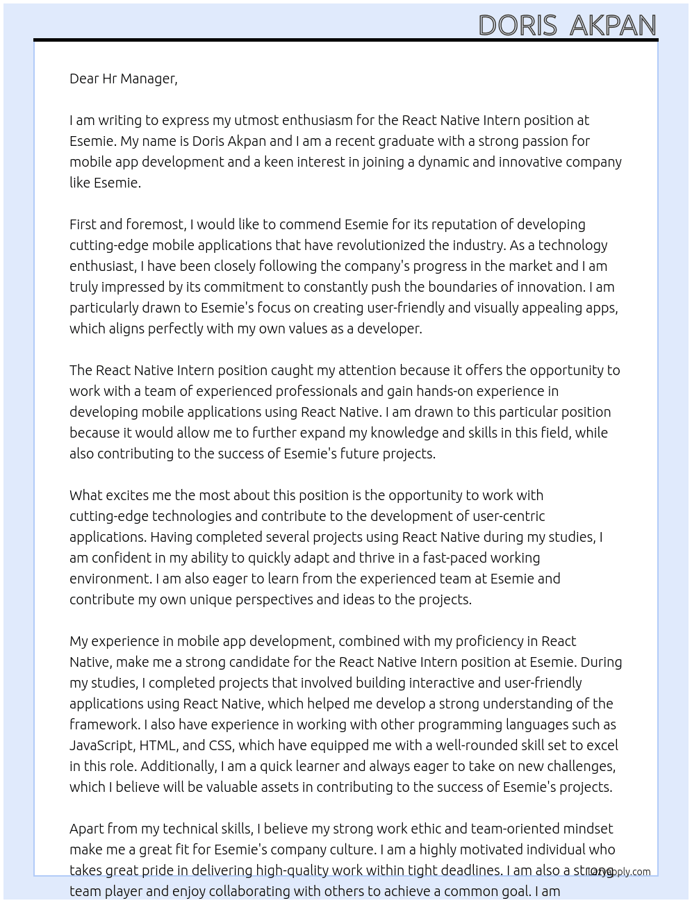 React native intern At Esemie Cover Letter