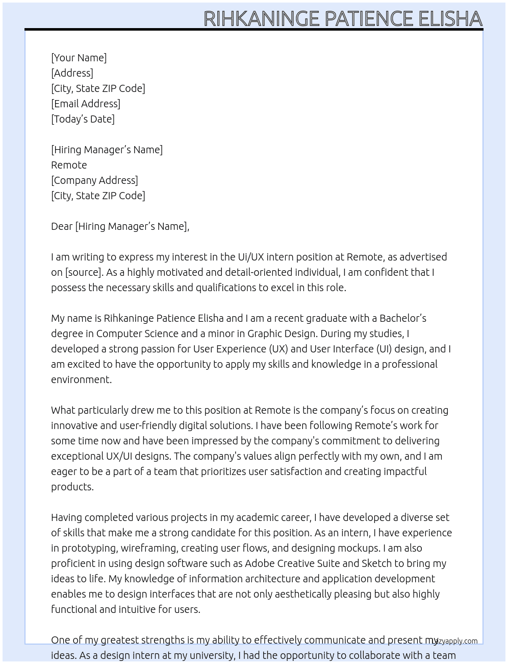 Ui/UX intern  At Remote Cover Letter