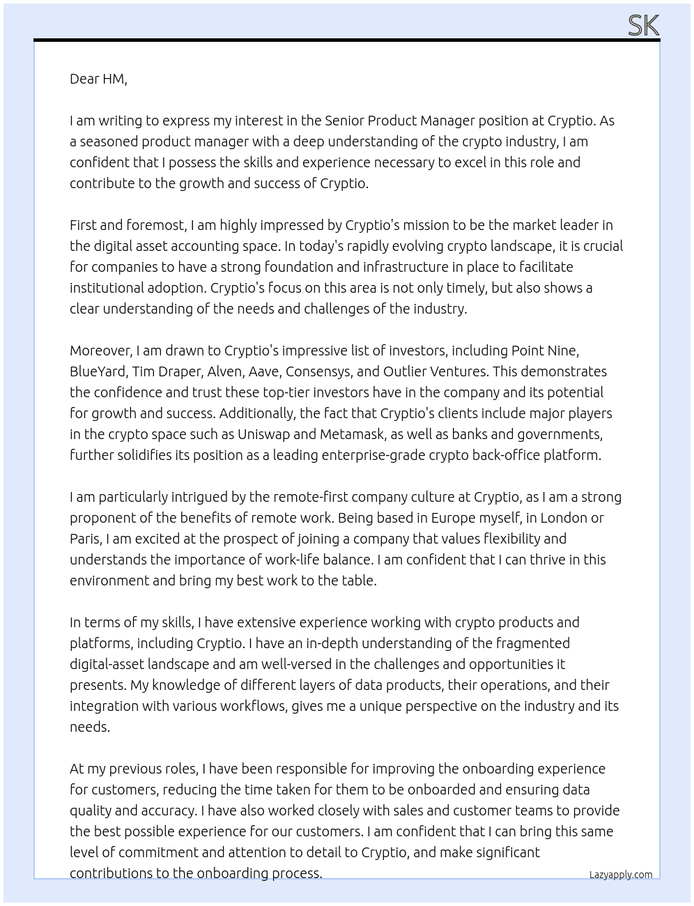 Senior product manager At Cryptio Cover Letter