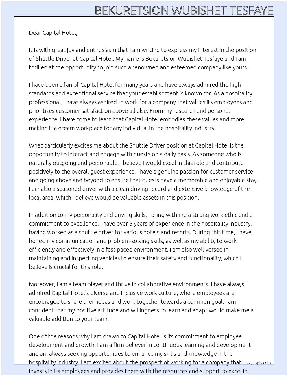 Shuttle Driver  At Capital Hotel Cover Letter