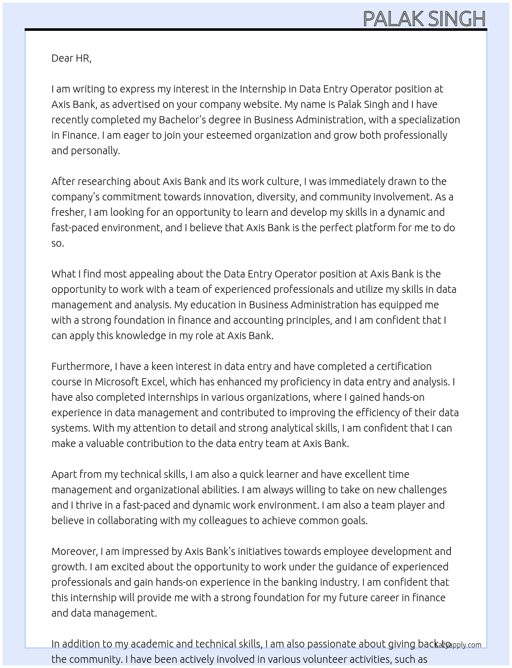 Cover letter for internship in data entry operator - LazyApply
