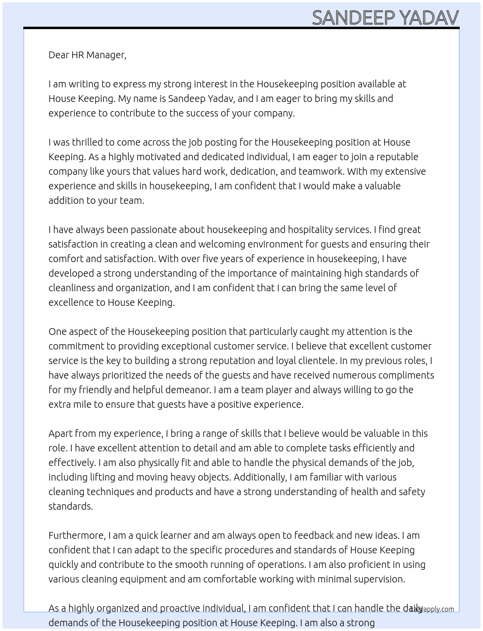 house keeping At hpuse keeping Cover Letter