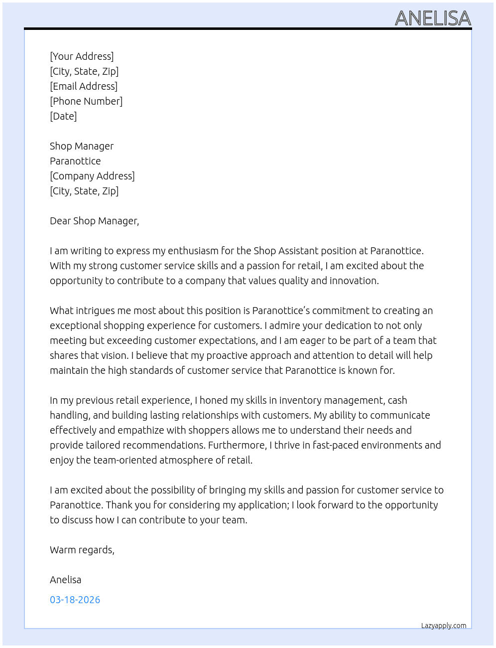 Shop assistant At Paranottice Cover Letter