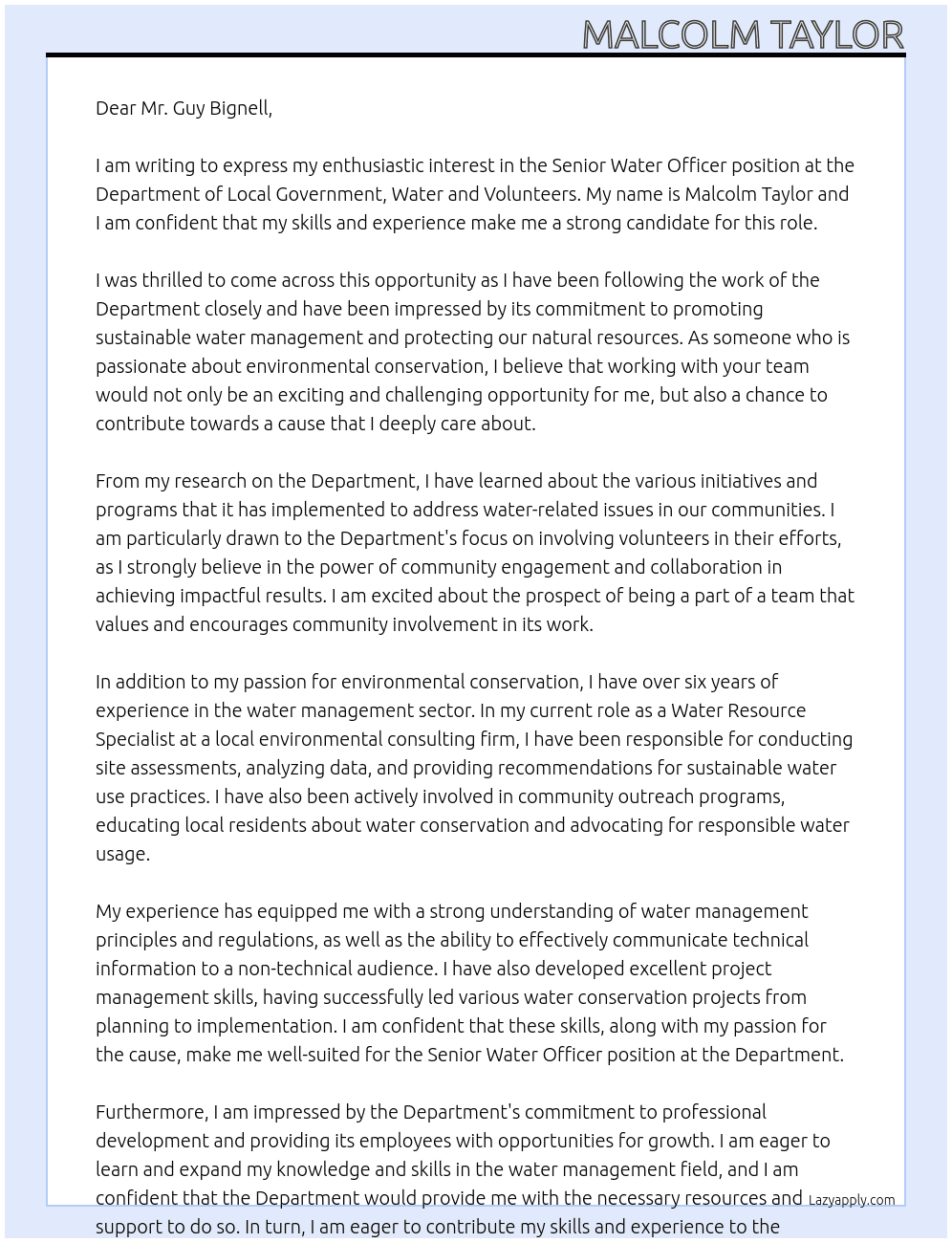 Senior Water Officer At Department of Local Governement, Water and Volunteers Cover Letter