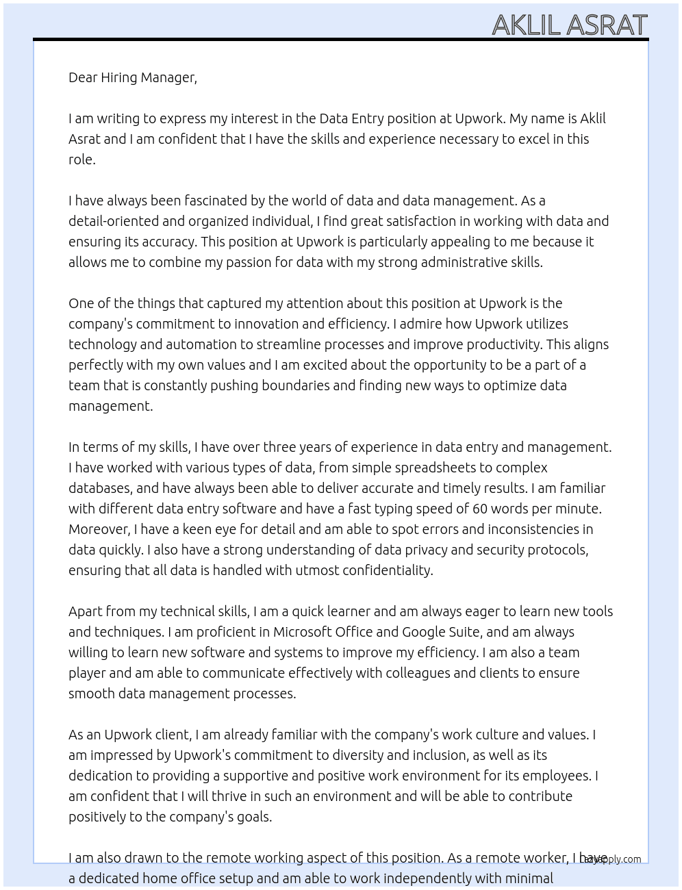Data entery At Upwork client  Cover Letter