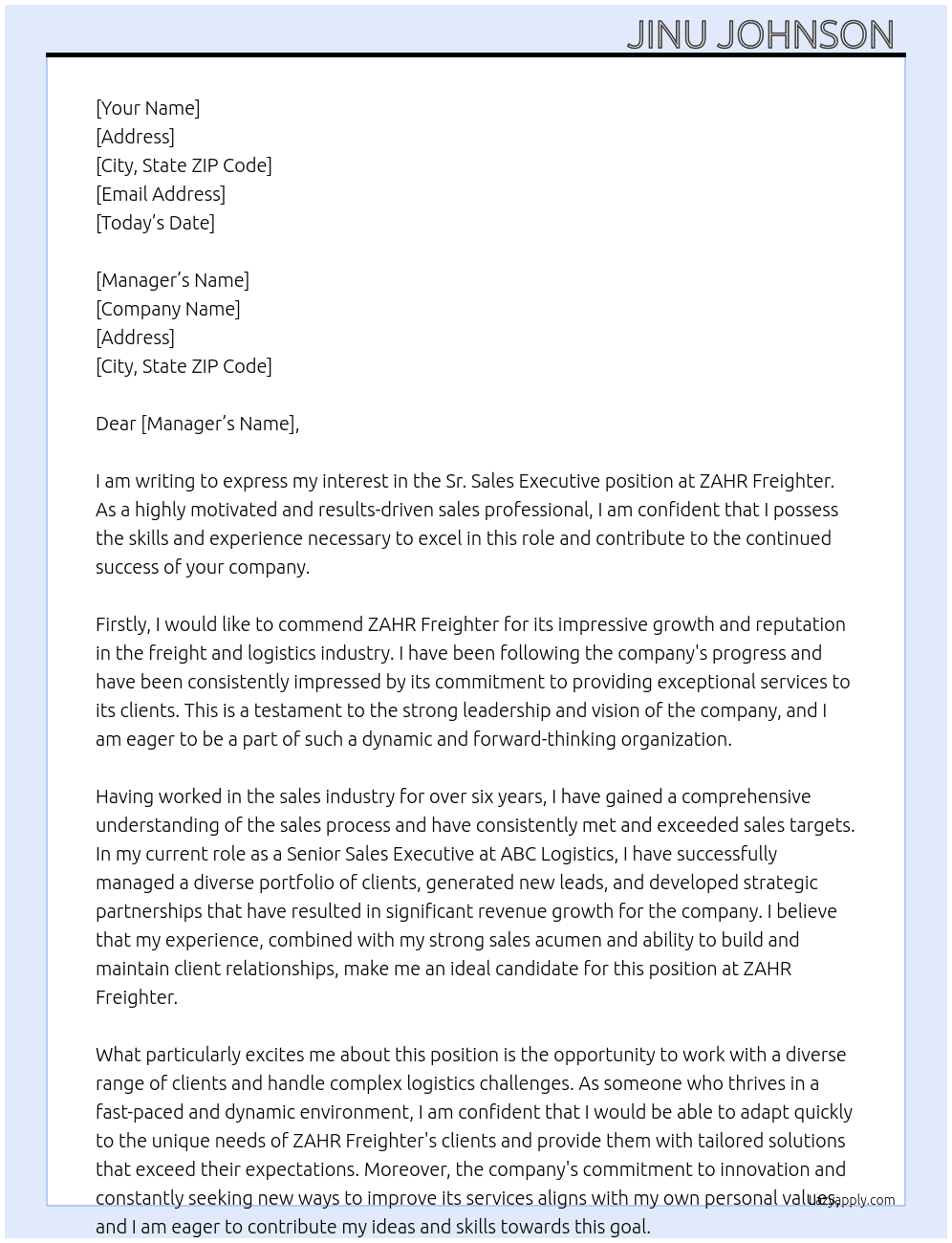 Sr sales executive  At ZAHR Freighter Cover Letter
