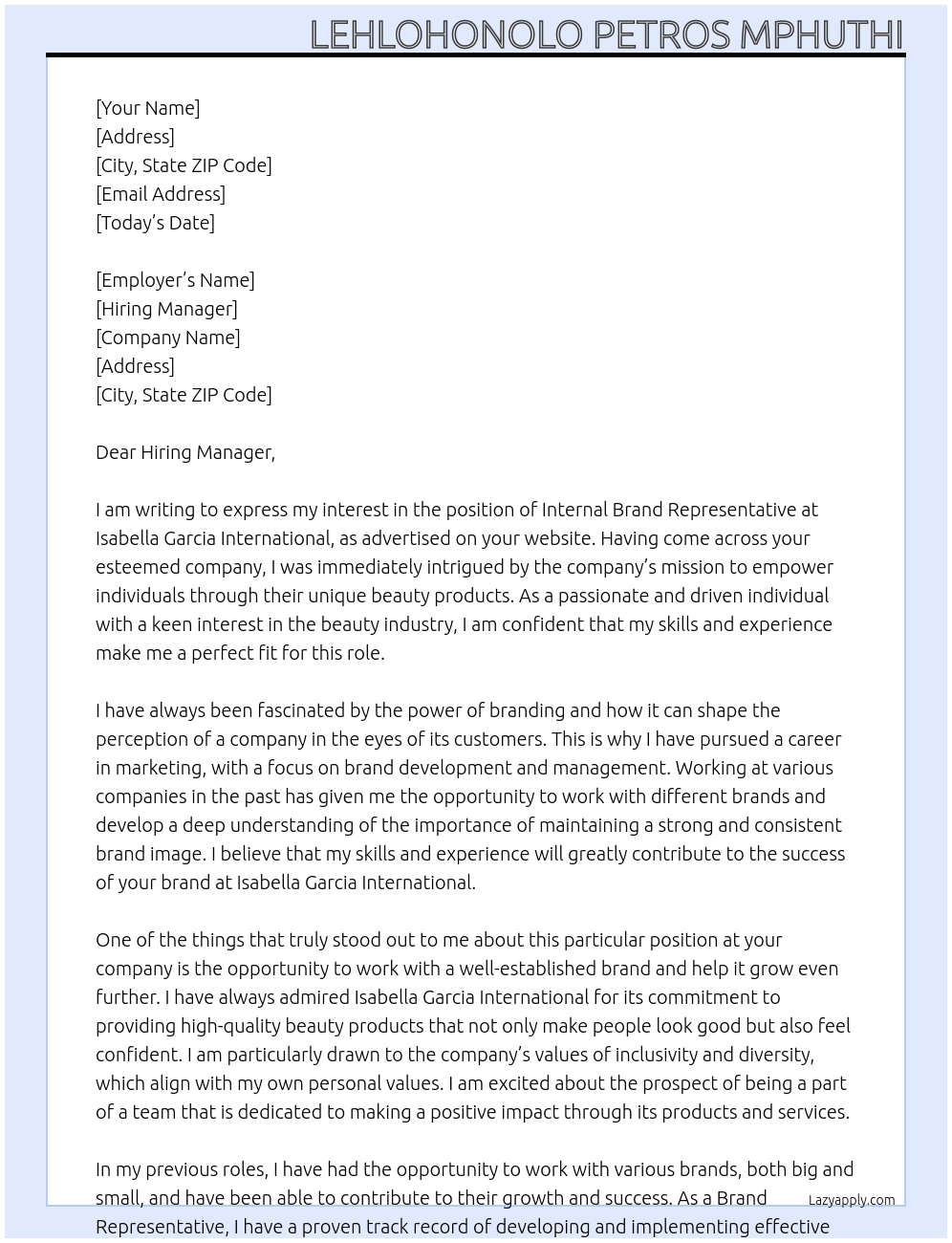 Internal Brand Representative At Isabella Garcia International Cover Letter
