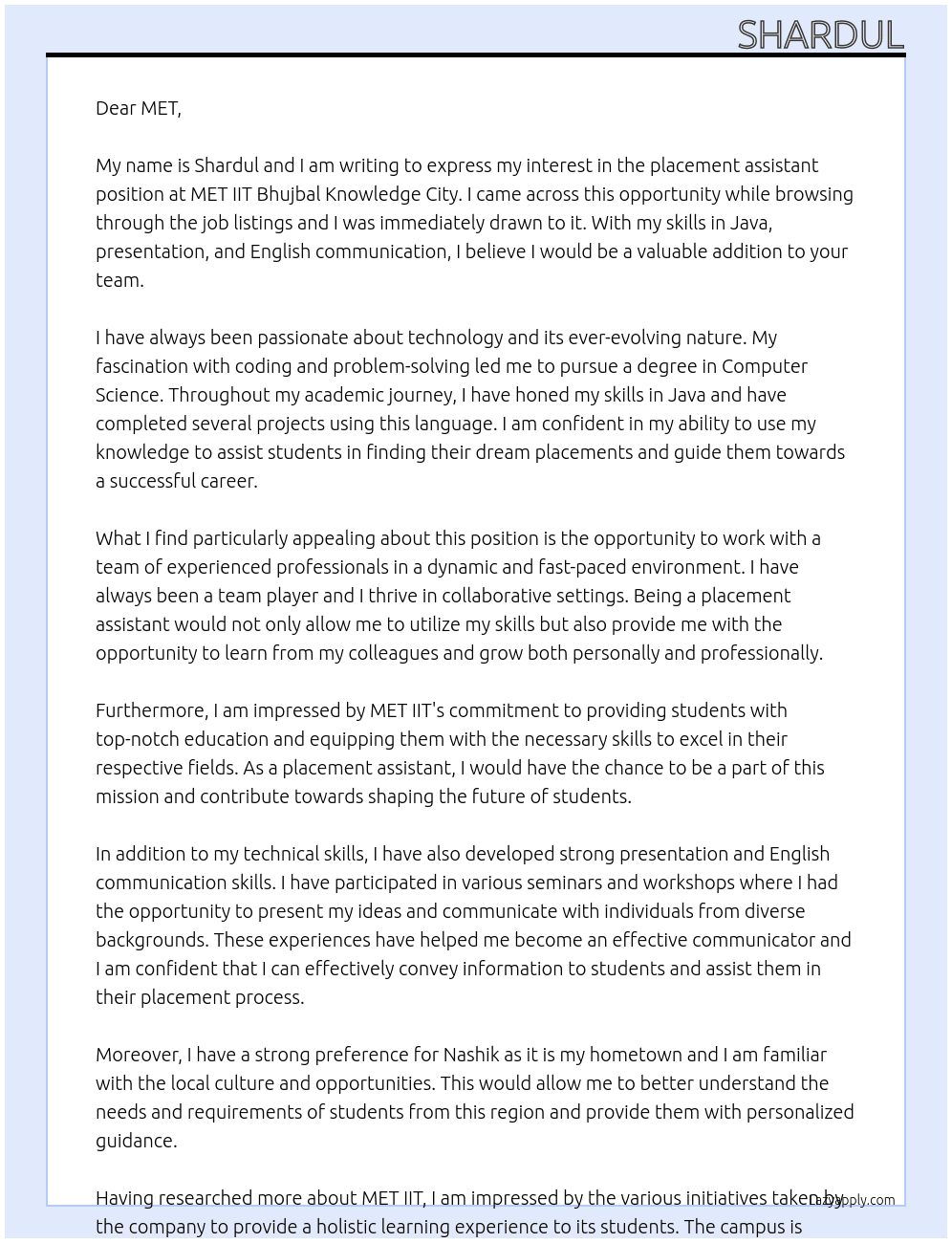 placement assistant At MET IIT bhujbal knowledge city Cover Letter