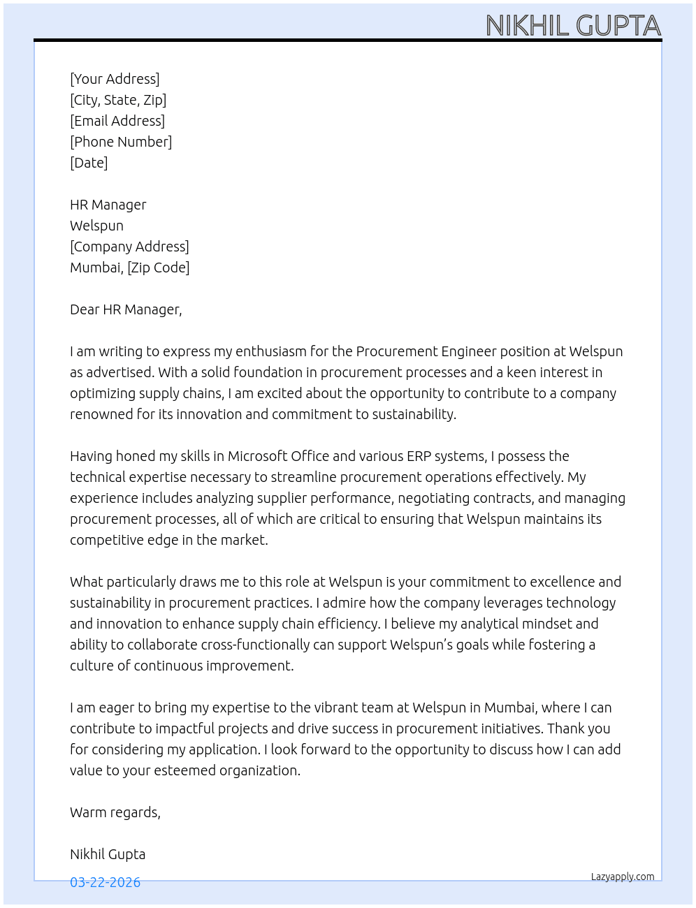 Procurement Engineer  At Welspun  Cover Letter