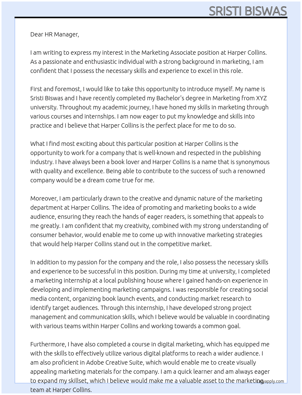 marketing associate At Harper Collins Cover Letter