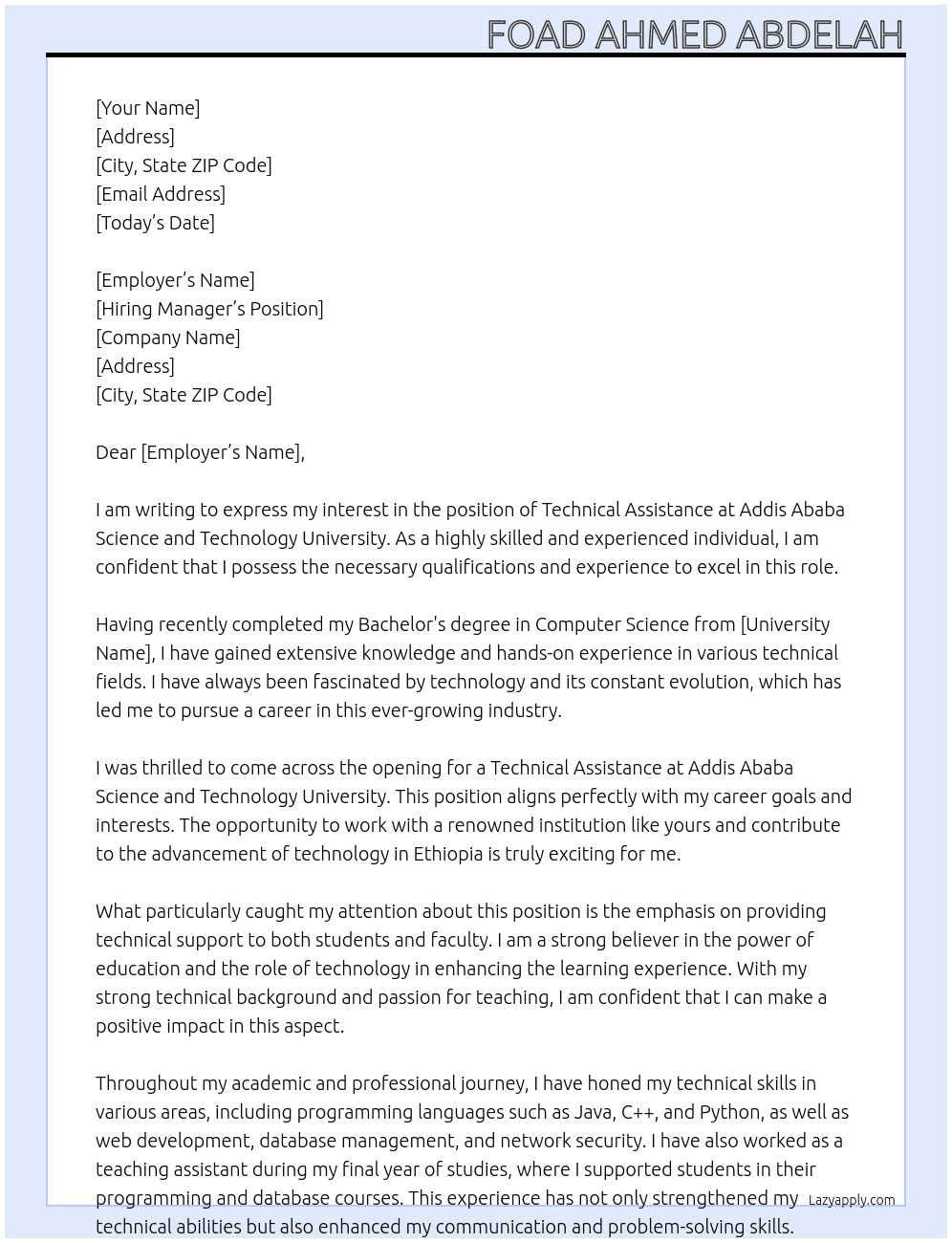 Technical assistance  At Addis Abeba science and technology university Cover Letter