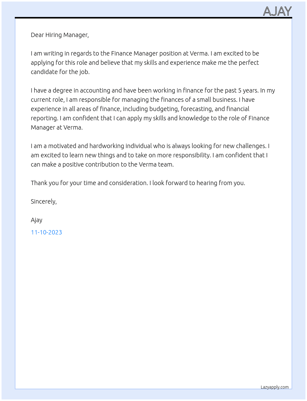 Finance Manager At Verma Cover Letter