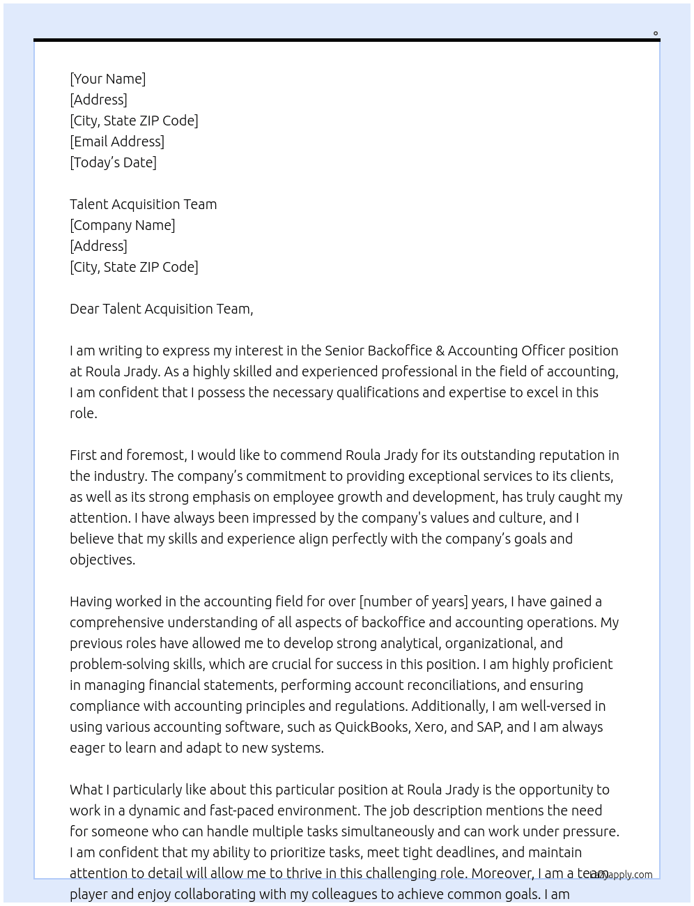 Senior Backoffice & Accounting Officer At Roula Jrady Cover Letter
