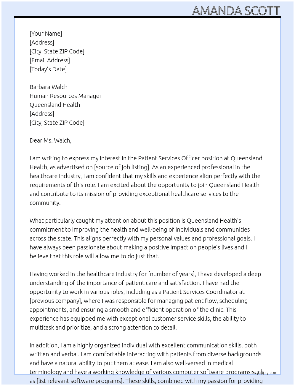 Patient services officer At Queensland health Cover Letter