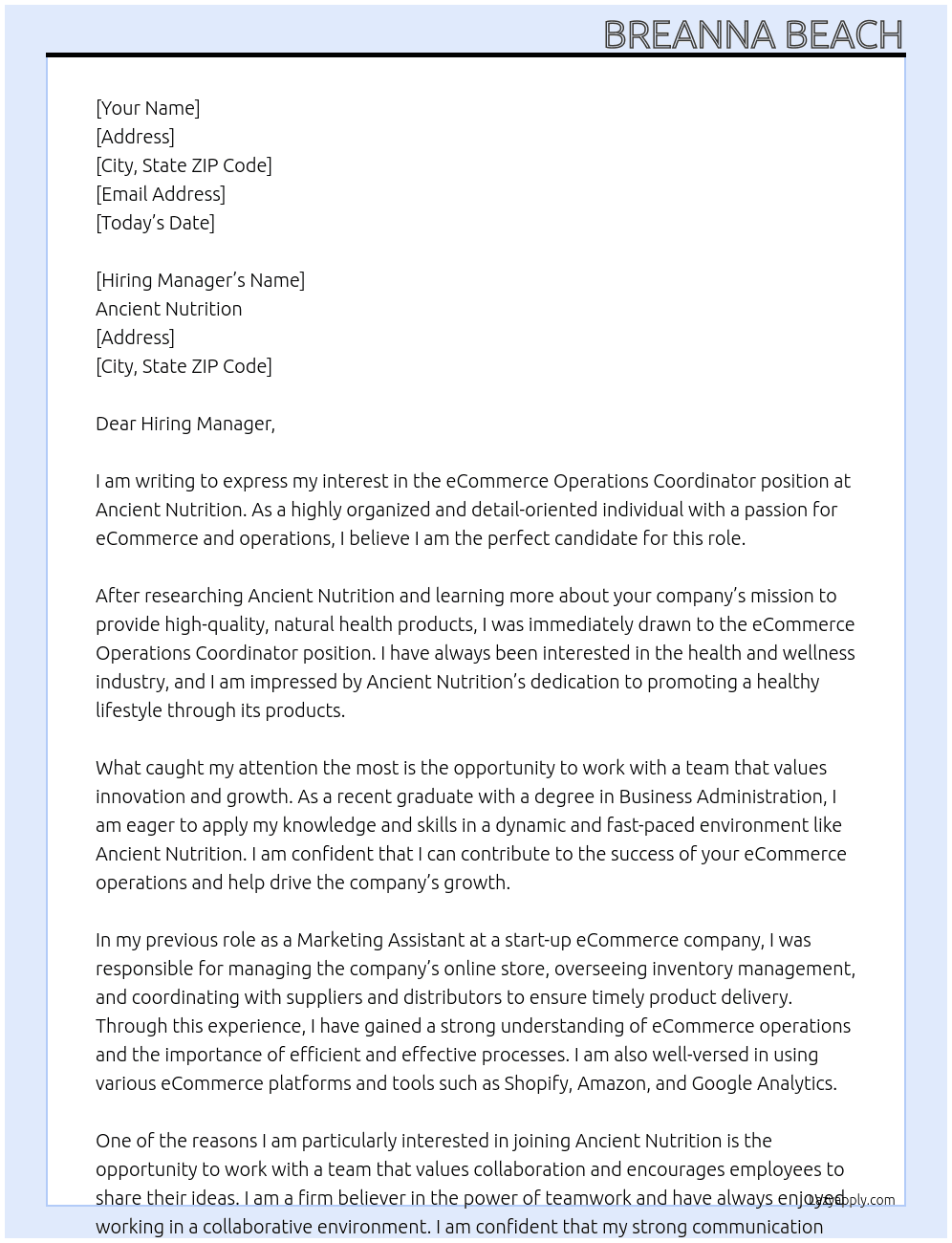 eCommerce Operations Coordinator At Ancient Nutrition  Cover Letter
