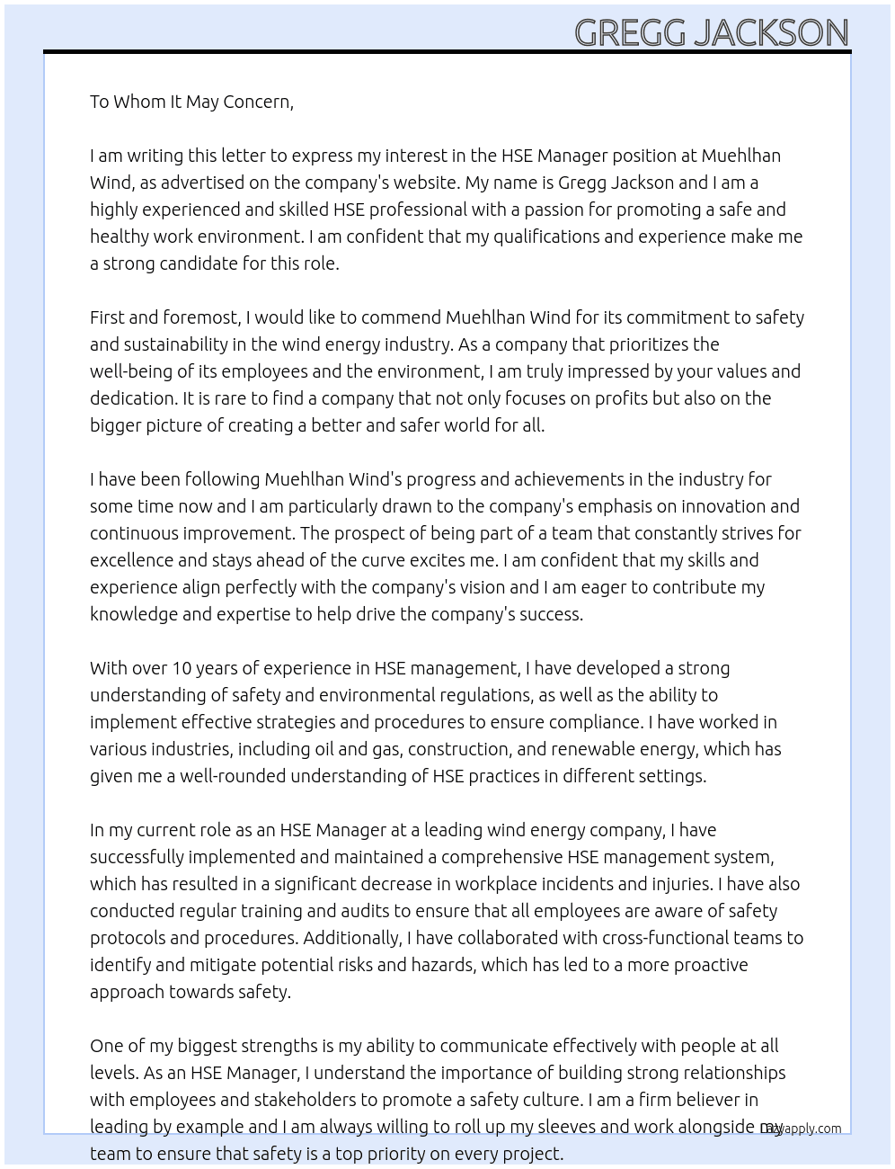 HSE Manager At Muehlhan Wind Cover Letter