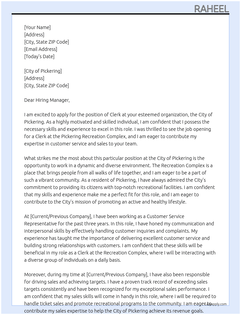Clerk Recreation Complex At City of Pickering Cover Letter