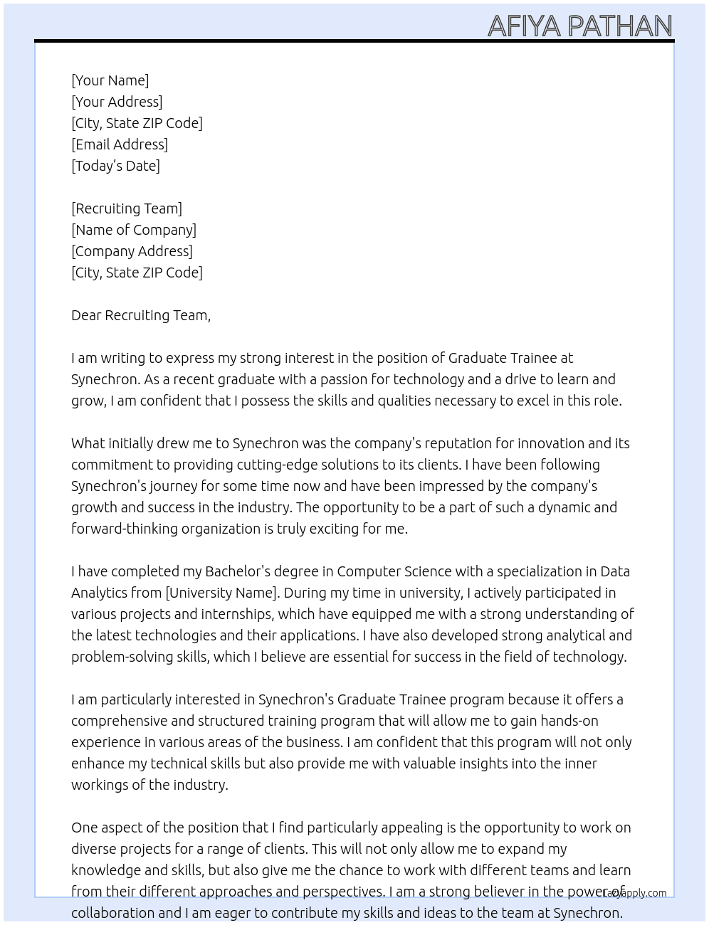 Graduate Trainee  At Synechron Cover Letter