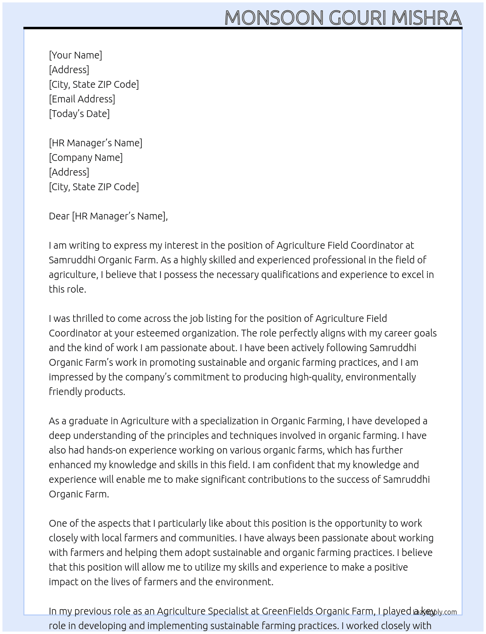 agriculture field coordinator At samruddhi organic farm Cover Letter