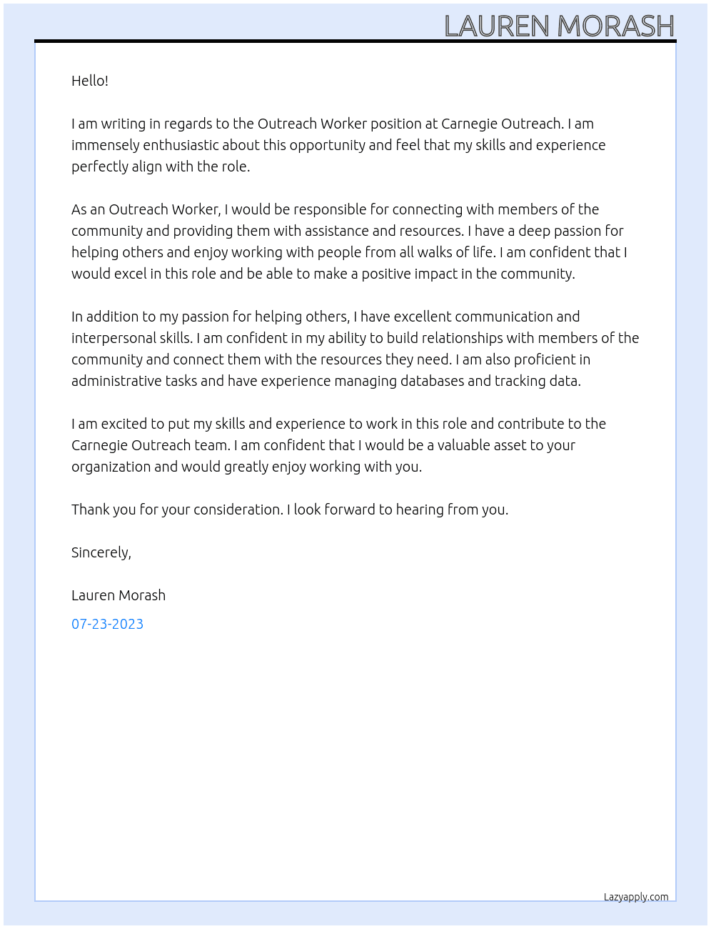 Outreach Worker At Carnegie Outreach Cover Letter
