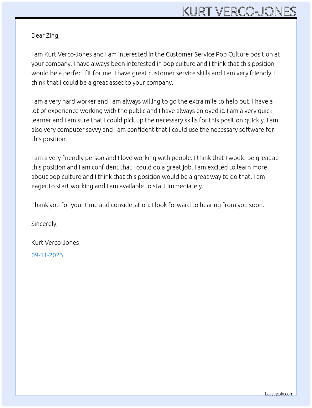 customer service pop culture At Zing Cover Letter