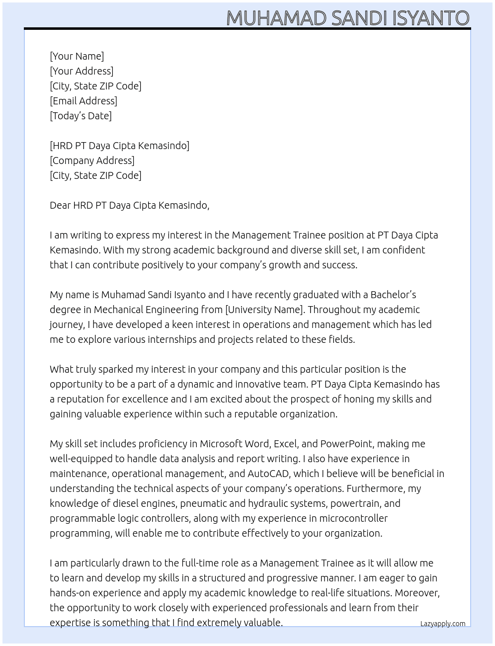 Management Trainee At PT Daya Cipta Kemasindo Cover Letter