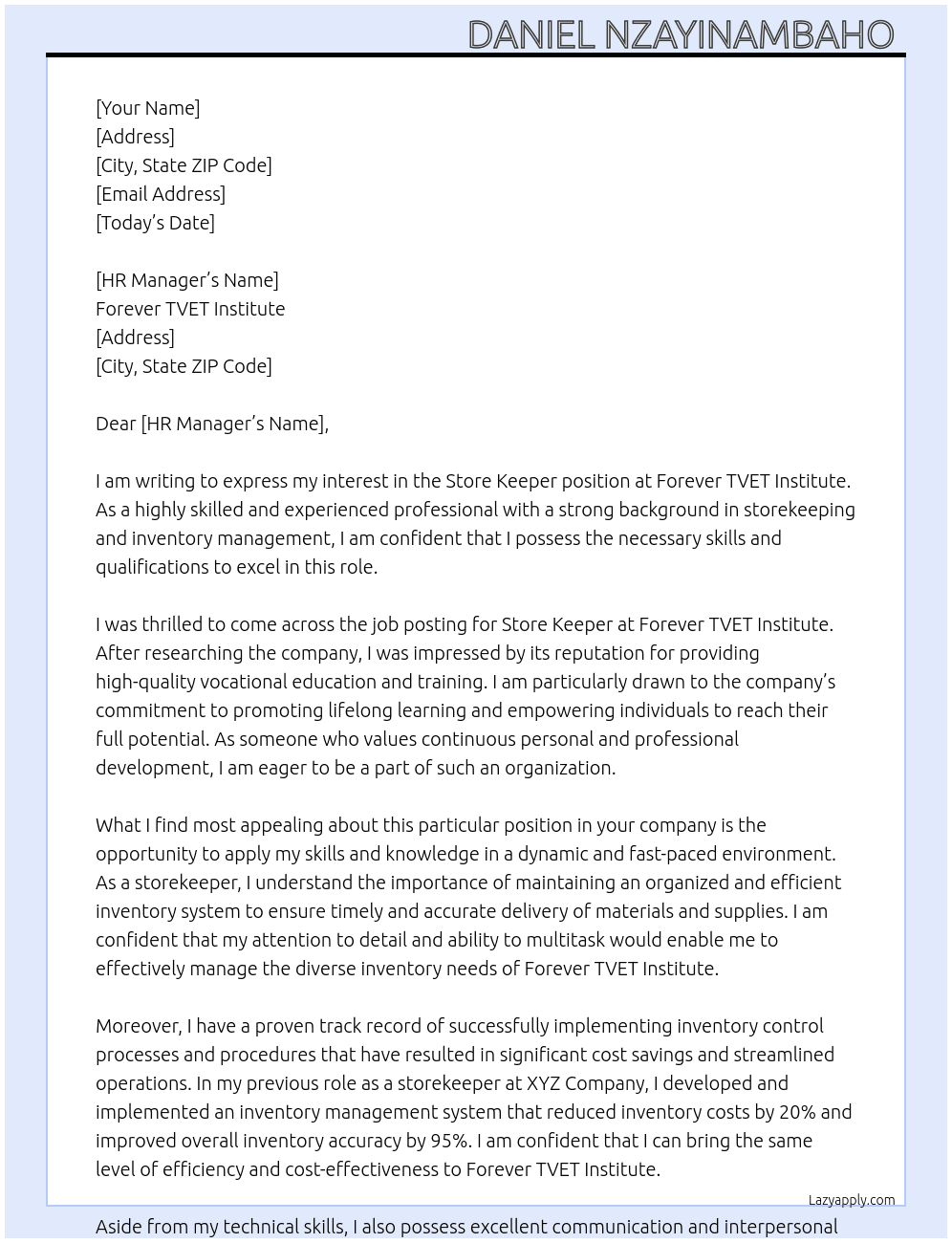 Store keeper  At Forever TVET Institute  Cover Letter
