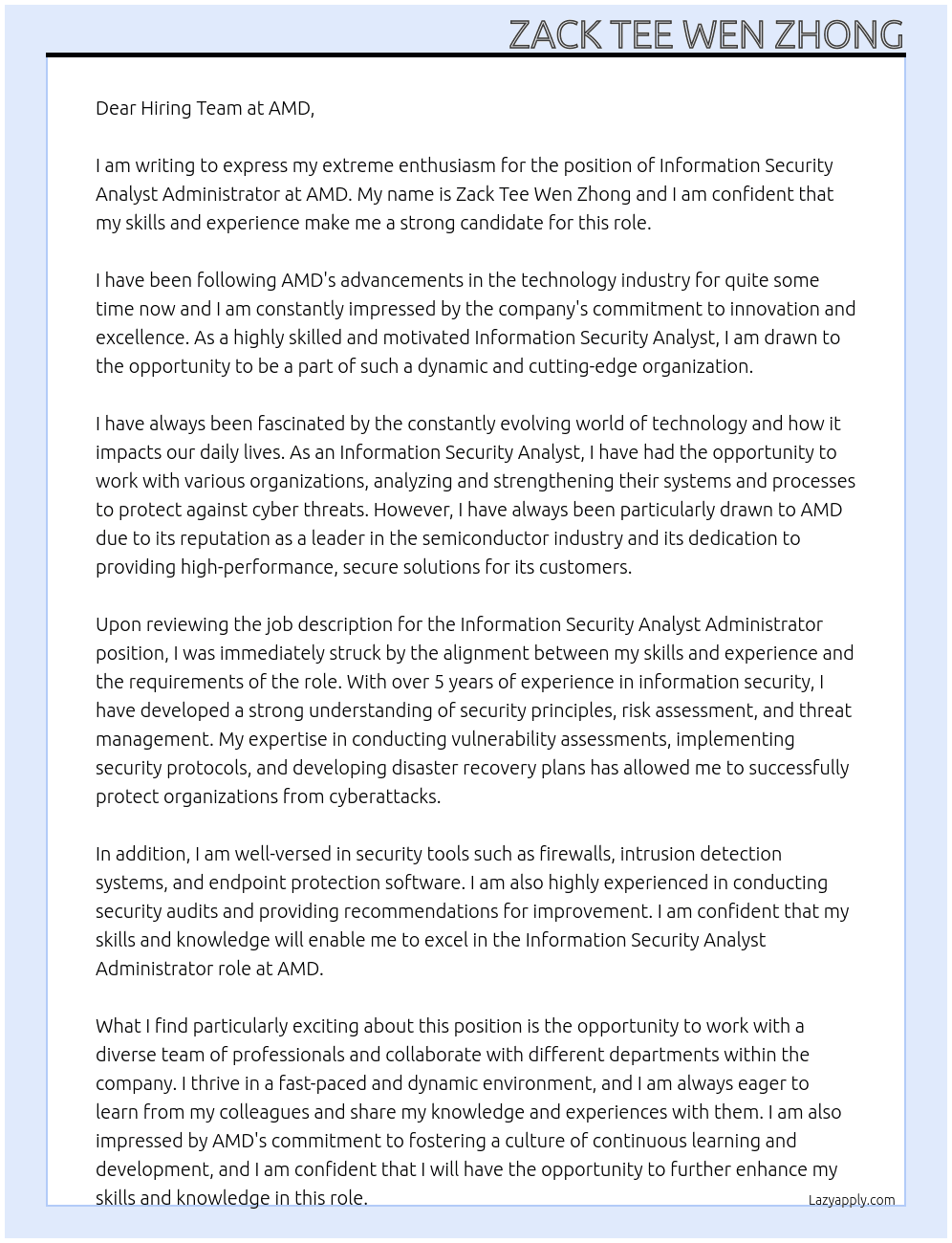 Information Security Analyst Administrator At AMD Cover Letter