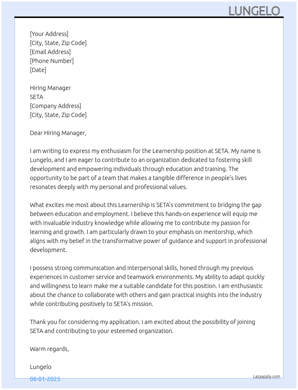 Cover letter for seta learnership - LazyApply