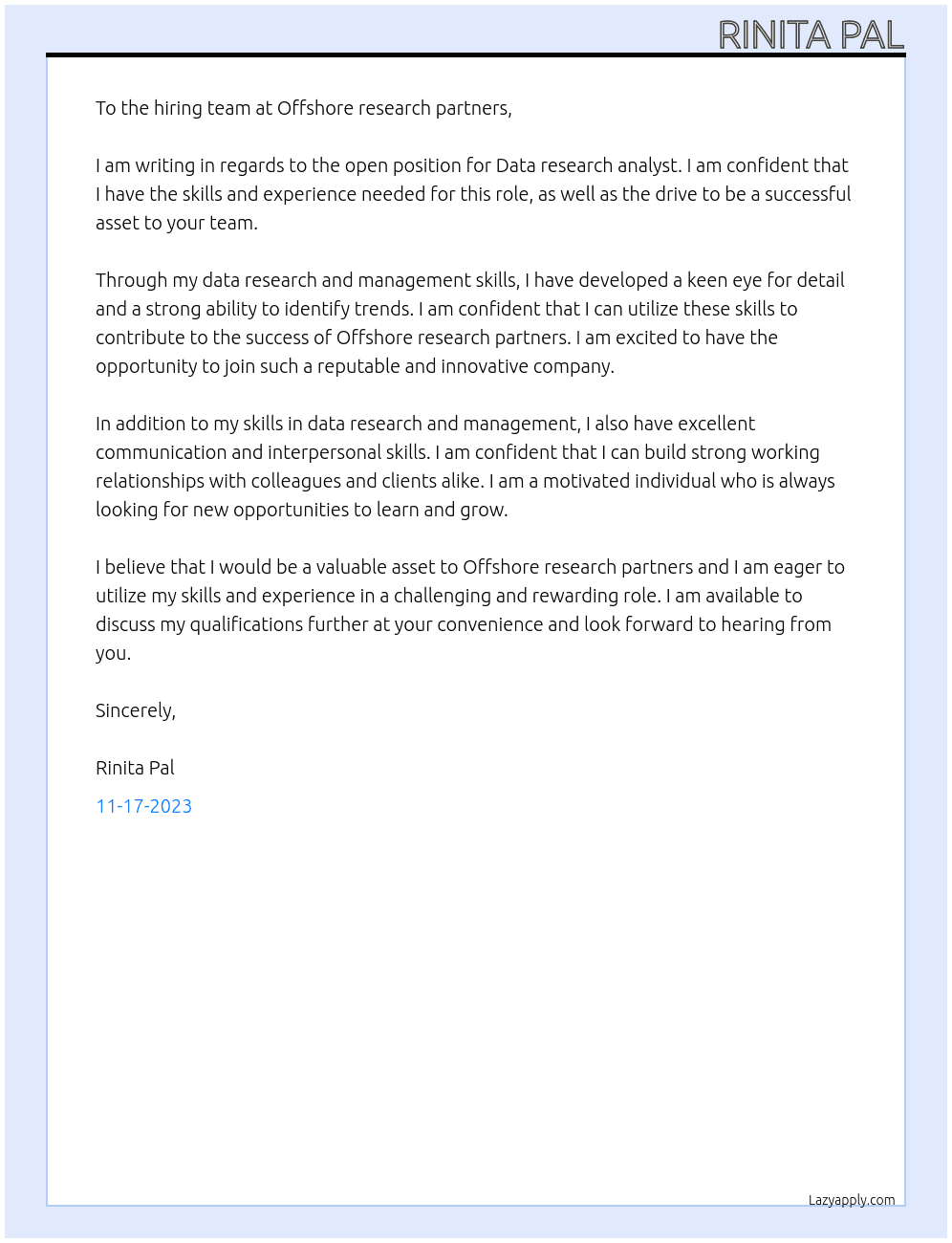 Data research analyst At Offshore research partners Cover Letter