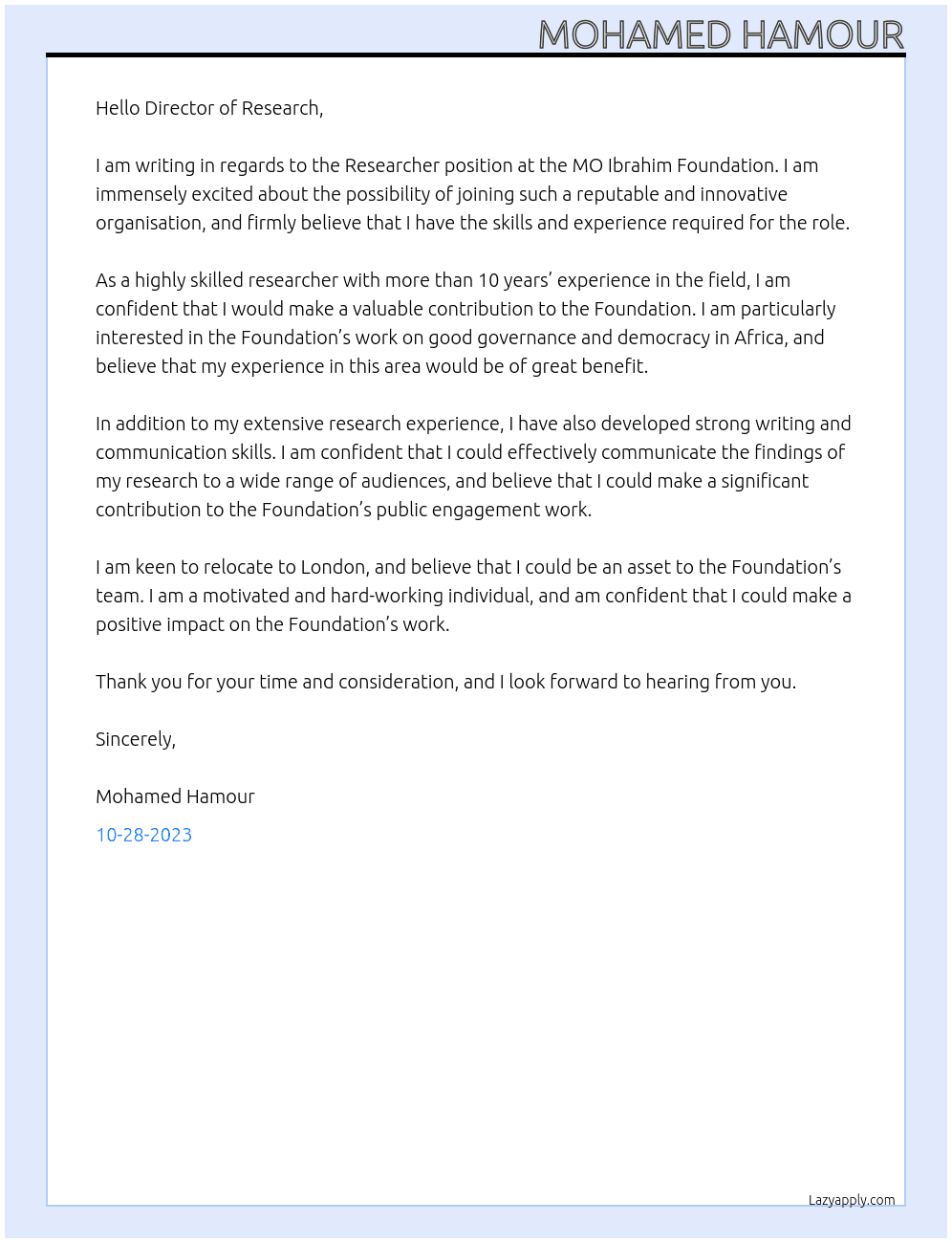 Researcher  At MO Ibrahim Foundation Cover Letter