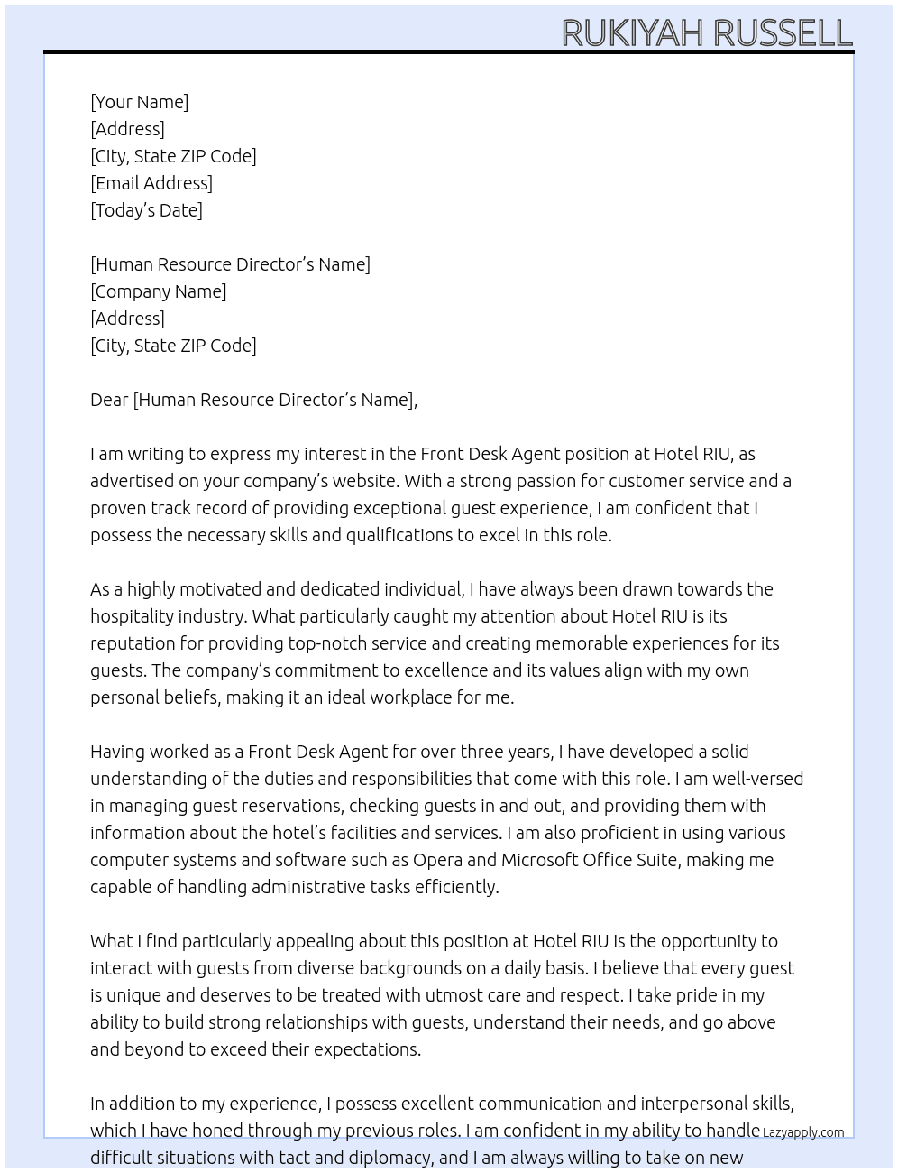 Front desk Agent At Hotel RIU Cover Letter